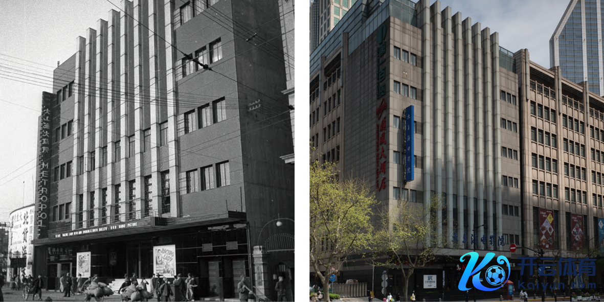 (左）大上海大戏院，1933，图片来自网罗。（右）现为大上海电影院，西藏中路500号，照相/盛晨晨     织城网罗供图